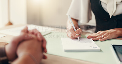 Buy stock photo Writing, prescription and hands of doctor and patient in office for healthcare, pharmacy script and insurance. Medical instruction, dosage and checklist with people in hospital for medicine form