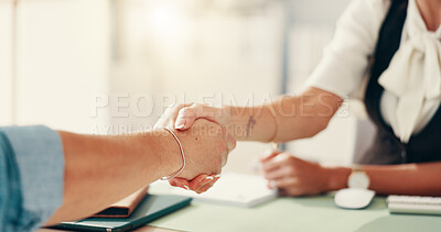 Buy stock photo Handshake, office and business people in interview for recruitment process, hiring and onboarding. Professional, and hr shaking hands with person in meeting for welcome, thank you and greeting