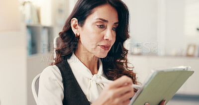 Buy stock photo Woman, therapist and and tablet for counselling, help and checklist for support in office. Psychologist, healthcare and thinking for advice, perspective or empathy for mental health consultation