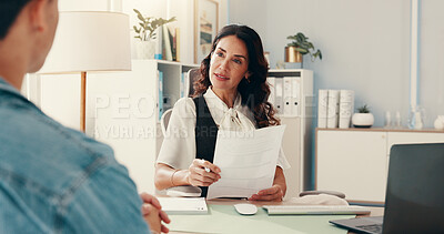 Buy stock photo Woman, therapist and document for counselling, help and listen for support in office. Psychologist, healthcare and paperwork for advice, checkup or empathy for mental health consultation clinic