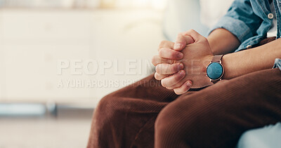 Buy stock photo Stress, hands and nervous for counseling on sofa with mental health, rehabilitation psychology and anxiety. Space, person and overwhelmed with worry for depression, trauma or uncomfortable at therapy