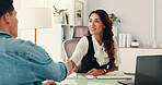 Doctor, consulting and handshake with woman in hospital for healthcare advice, introduction and patient results. Medical assessment, diagnosis and wellness with people for shaking hands and meeting