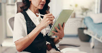 Buy stock photo Hands, healthcare and tablet with doctor in hospital for consulting, insurance or telehealth. Appointment, checkup or medical with professional in clinic for feedback or review of online records