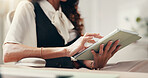 Hands, medical and tablet with doctor in hospital for consulting, insurance or telehealth. Appointment, checkup or healthcare with medicine professional in clinic for feedback or review of records