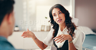 Buy stock photo Doctor, consulting and talking with woman in office for healthcare advice, insurance and patient results. Medical assessment, diagnosis and wellness with people in hospital for treatment plan