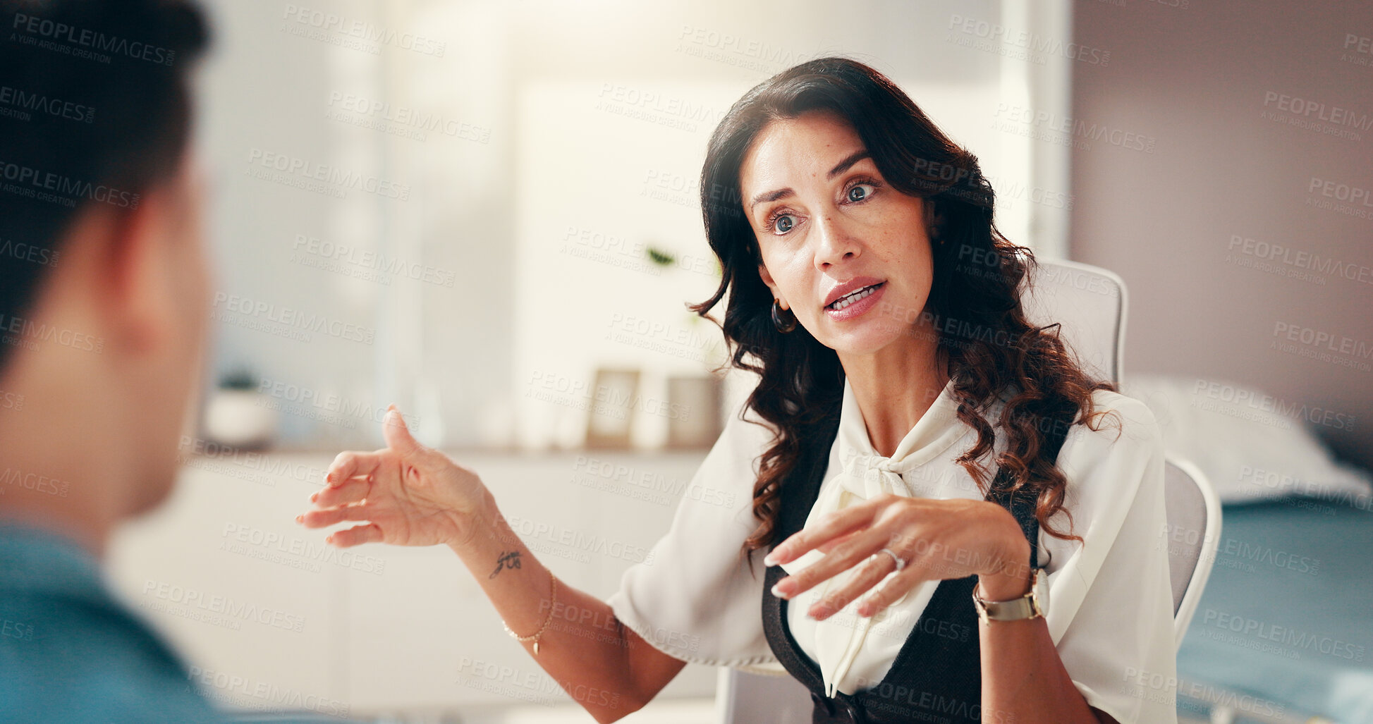 Buy stock photo Doctor, consulting and talking with woman in office for healthcare advice, insurance and patient results. Medical assessment, diagnosis and wellness with people in hospital for treatment plan