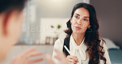 Buy stock photo Doctor, consulting and patient with woman in office for healthcare advice, insurance and results. Medical assessment, diagnosis and wellness with people in hospital for treatment plan and discussion