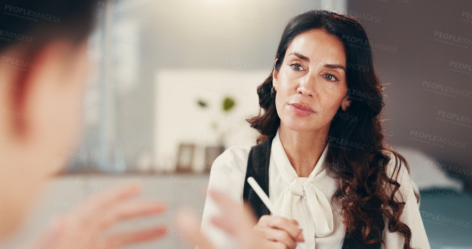 Buy stock photo Doctor, consulting and patient with woman in office for healthcare advice, insurance and results. Medical assessment, diagnosis and wellness with people in hospital for treatment plan and discussion