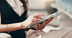 Hands, tablet and telehealth with doctor in hospital for consulting, insurance or medical. Appointment, checkup or healthcare with professional in clinic for feedback or review of online records