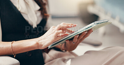 Buy stock photo Hands, tablet and telehealth with doctor in hospital for consulting, insurance or medical. Appointment, checkup or healthcare with professional in clinic for feedback or review of online records