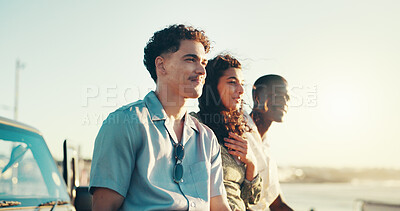 Buy stock photo Relax, road trip and travel with friends at beach together for bonding, holiday or vacation. Adventure, thinking and transport with group of people outdoor on coast for getaway, view or weekend