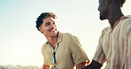 Happy, men and friends in nature together for vacation in summer with bonding on getaway. Smile, outdoor and male people in desert for holiday, break or weekend trip at travel location for adventure.