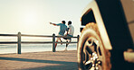 Road trip, travel and view with friends at beach together for bonding, holiday or vacation. Adventure, pointing and transport with people outdoor on space at coast for getaway or weekend from back