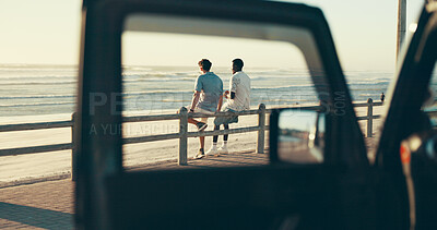 Buy stock photo Road trip, travel and window with friends at beach together for bonding, holiday or vacation. Adventure, relax and transport with people outdoor on coast for getaway, view or weekend from back