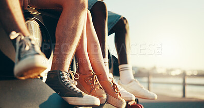 Buy stock photo Legs, road trip and travel with friends at beach together for bonding, holiday or vacation. Adventure, shoes and transport with group of people outdoor on coast for getaway, view or weekend closeup