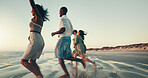 Running, sunset and friends on beach for vacation, break or holiday together on island. Freedom, energy and group of people by ocean for seaside weekend trip for travel with activity in summer