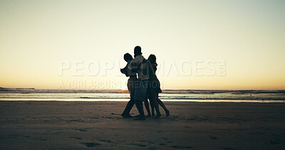 Buy stock photo Beach, friends and people with sunset, hug and vacation with happiness, travel and tropical island. Group, seaside and tourists with embrace, bonding together and nature with summer holiday and break