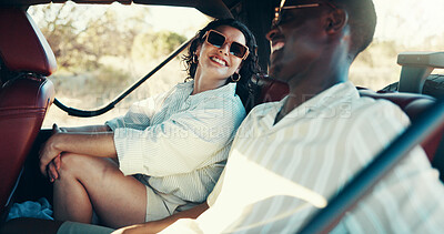 Buy stock photo Travel, road trip and car with couple in nature for safari game reserve, adventure or summer vacation. Explore, savannah holiday and conservation guide with people for national park or eco tourism