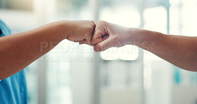 Buy stock photo Hands, fist bump and gesture for team support, mission or collaboration with solidarity. People, trust and synergy for motivation, partnership and cooperation for unity with deal or agreement