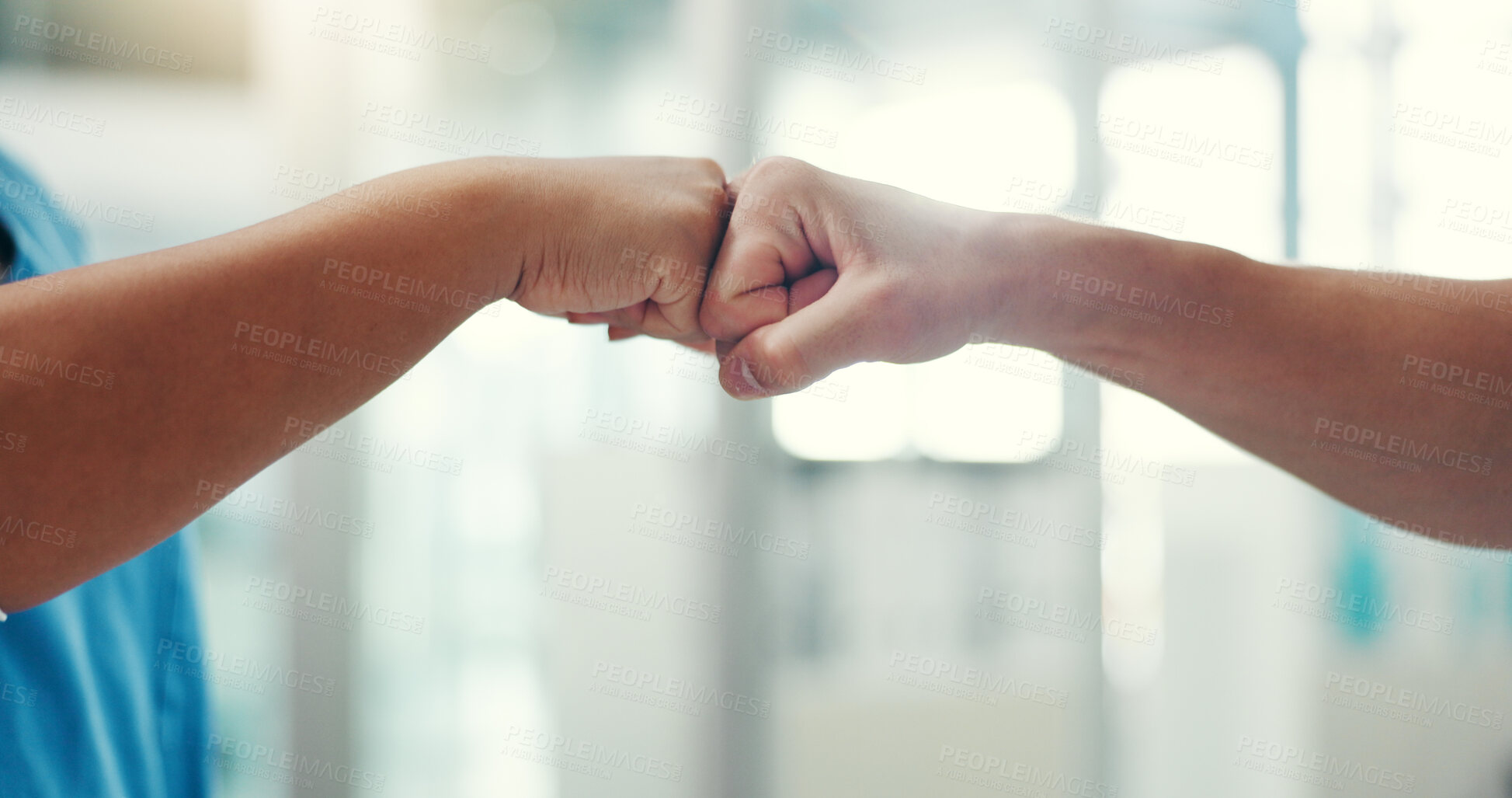 Buy stock photo Hands, fist bump and gesture for team support, mission or collaboration with solidarity. People, trust and synergy for motivation, partnership and cooperation for unity with deal or agreement