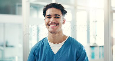 Buy stock photo Nurse, man and portrait in hospital for healthcare, pride and confidence with medical professional. Medicine, health and male physician or surgeon with happiness for career, opportunity or about us