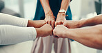 Hands, together and fist bump with team for support, mission or business collaboration with solidarity. People, group and synergy for professional motivation, partnership and cooperation for unity