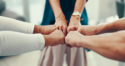 Buy stock photo Hands, together and fist bump with team for support, mission or business collaboration with solidarity. People, group and synergy for professional motivation, partnership and cooperation for unity