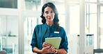 Doctor, woman and portrait in hospital with tablet for healthcare, pride and digital tech for neurology. Medicine, telehealth and mature female neurologist with about us, help and online advice