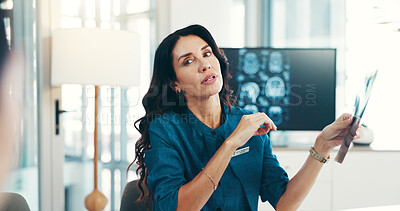 Buy stock photo Brain, scan and woman with x ray in meeting for head injury, neurology research and tumor diagnosis in hospital. Skull, neurologist or healthcare medical surgeon checking MRI or results and teamwork