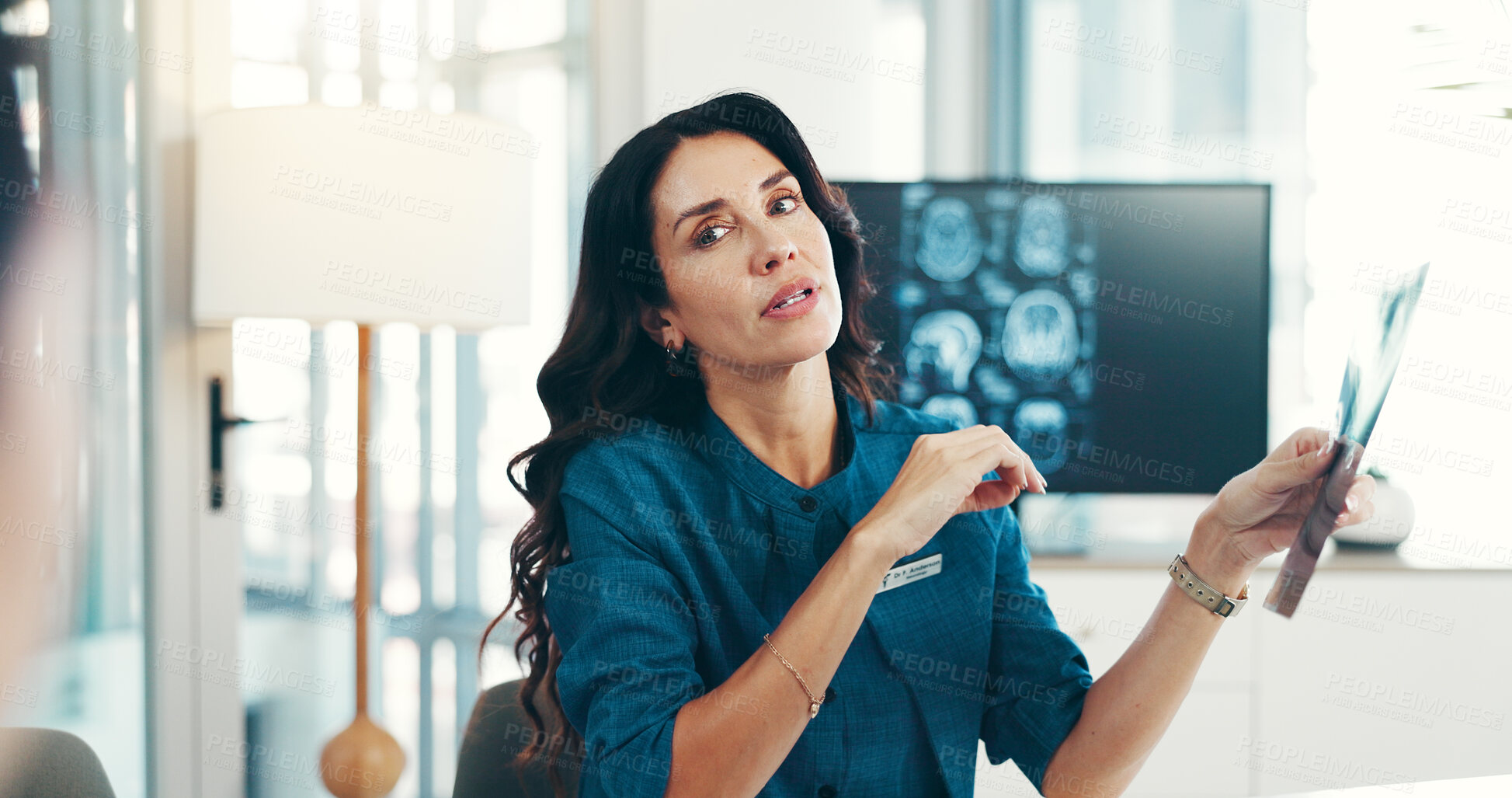 Buy stock photo Brain, scan and woman with x ray in meeting for head injury, neurology research and tumor diagnosis in hospital. Skull, neurologist or healthcare medical surgeon checking MRI or results and teamwork