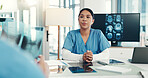 Doctor, xray and woman in meeting, people and help with advice, feedback and consultation. Employees, medical and professional in hospital, scans for tumor and conversation for diagnosis and results