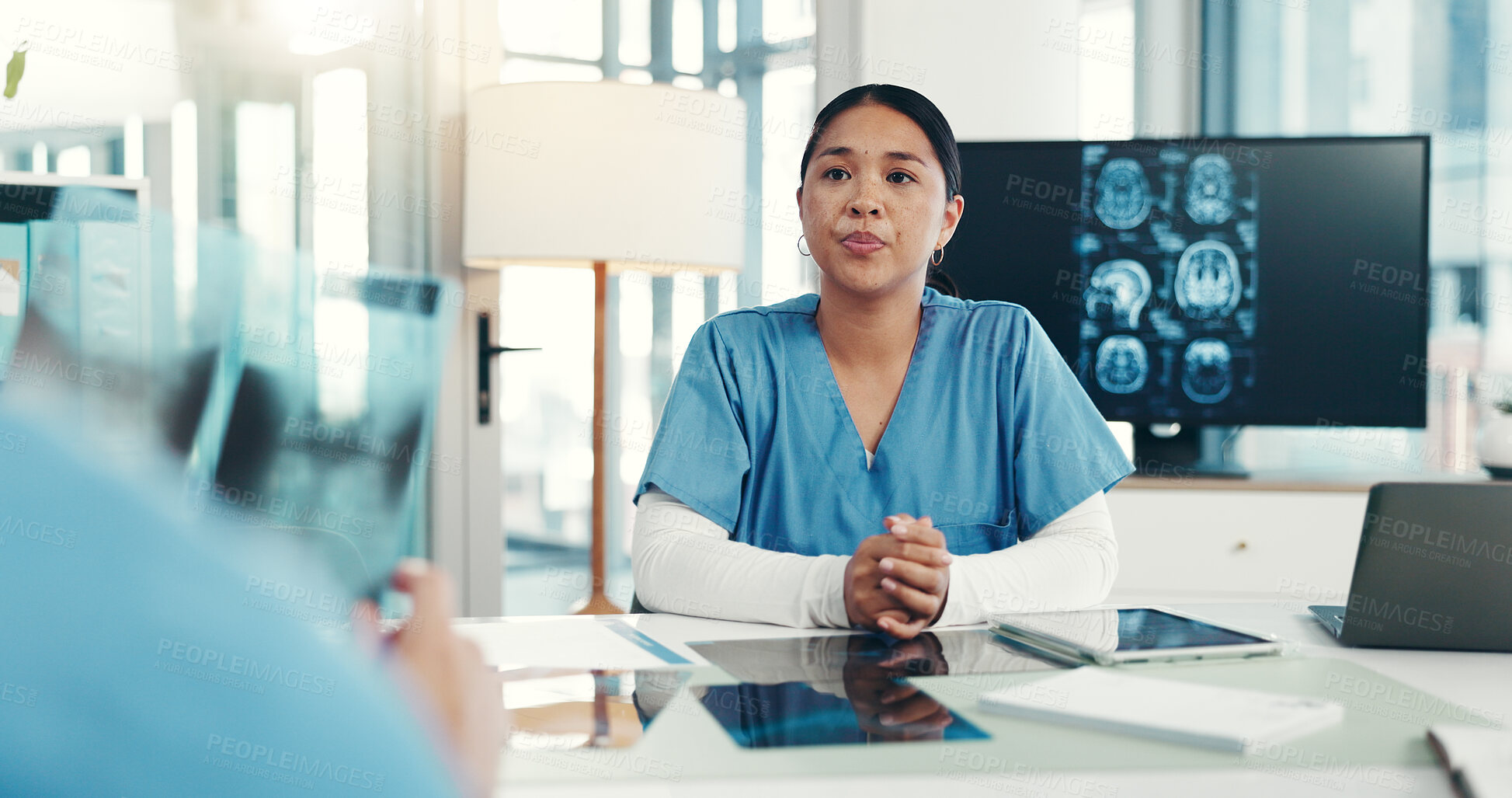 Buy stock photo Doctor, xray and woman in meeting, people and help with advice, feedback and consultation. Employees, medical and professional in hospital, scans for tumor and conversation for diagnosis and results