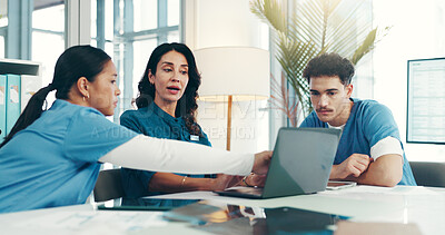Buy stock photo Clinic, manager and nurse with laptop, talking and review of medical records, online and treatment plan. Hospital, colleagues and people with tech for healthcare, pointing and patient care discussion