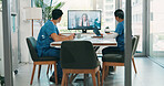 Nurses, doctors and computer with video call in meeting for online discussion and healthcare presentation. Medical employees, virtual training and people with treatment plan, medicine and webinar