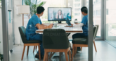 Buy stock photo Nurses, doctors and computer with video call in meeting for online discussion and healthcare presentation. Medical employees, virtual training and people with treatment plan, medicine and webinar