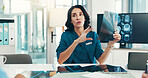 Brain, x ray and neurologist with woman in meeting for skull injury, research or tumor diagnosis in hospital. Talking, neurology or healthcare medical people checking mri or xray scan and teamwork