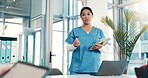 Woman, presentation or nurses in hospital with tablet, teamwork or health treatment results. Planning, doctor or surgeon talking in meeting for medical advice, clinic schedule or diagnosis research