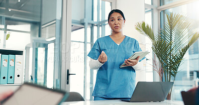 Buy stock photo Woman, presentation or nurses in hospital with tablet, teamwork or health treatment results. Planning, doctor or surgeon talking in meeting for medical advice, clinic schedule or diagnosis research