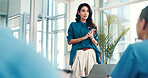 Woman, healthcare speaker or people in presentation or wellness with nurses for research development. Group, teamwork or doctors in meeting for plan, medical review or funding feedback in hospital