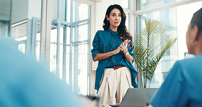 Buy stock photo Woman, healthcare speaker or people in presentation or wellness with nurses for research development. Group, teamwork or doctors in meeting for plan, medical review or funding feedback in hospital