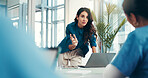 Woman, presentation or nurses in hospital with laptop, teamwork or health treatment results. Planning, doctor or surgeon talking in meeting for medical advice, clinic schedule or diagnosis research