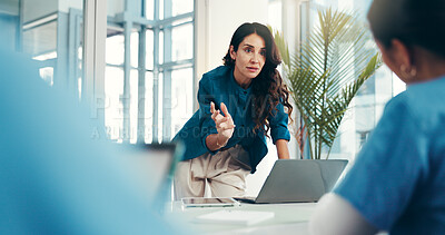 Buy stock photo Woman, presentation or nurses in hospital with laptop, teamwork or health treatment results. Planning, doctor or surgeon talking in meeting for medical advice, clinic schedule or diagnosis research