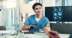 Brain, x ray and neurologist with man in meeting for skull injury, research and tumor diagnosis in hospital. Screen, neurology or healthcare medical surgeon checking mri or head scan and teamwork