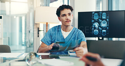 Buy stock photo Brain, x ray and neurologist with man in meeting for skull injury, research and tumor diagnosis in hospital. Screen, neurology or healthcare medical surgeon checking mri or head scan and teamwork