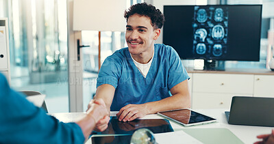 Buy stock photo Handshake, healthcare and doctor with patient for xray consultation with neurology appointment. Medical, brain scan and surgeon with person for surgery planning with shaking hands in hospital.