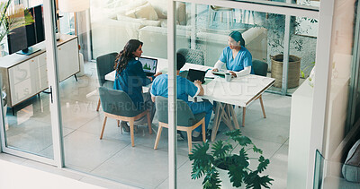 Buy stock photo Top view, planning or nurses in meeting with doctors, teamwork and health treatment results in boardroom. Stats, surgeons and people on laptop for medical advice, discussion and diagnosis research