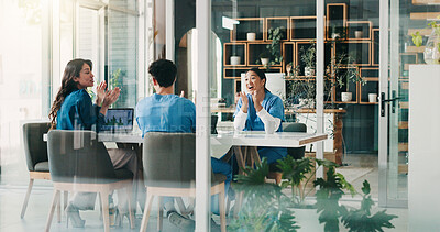 Buy stock photo Success, healthcare results or doctors clapping for good news or surgeon to celebrate team progress. Happy people, research development or meeting for medical goals, praise or hospital achievement