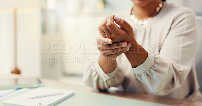 Buy stock photo Hands, woman and wrist pain in office for carpal tunnel syndrome, muscle ache or pressure while working. Overworked, tension and joint discomfort with person in workplace for rheumatoid arthritis 
