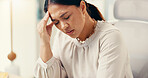 Headache, pain and professional burnout with woman in office, brain fog or dizzy for stress, crisis or mental health. Migraine, vertigo and female person overwhelmed, overworked or business fatigue