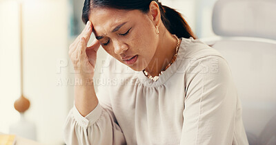 Buy stock photo Headache, pain and professional burnout with woman in office, brain fog or dizzy for stress, crisis or mental health. Migraine, vertigo and female person overwhelmed, overworked or business fatigue